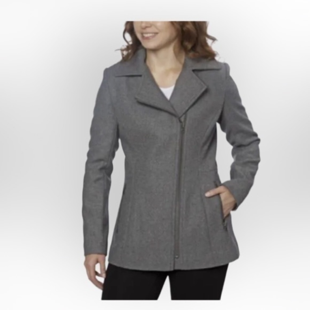 KRISTEN BLAKE Asymmetrical Moto Wool blend Full Zip Jacket Heather Grey large